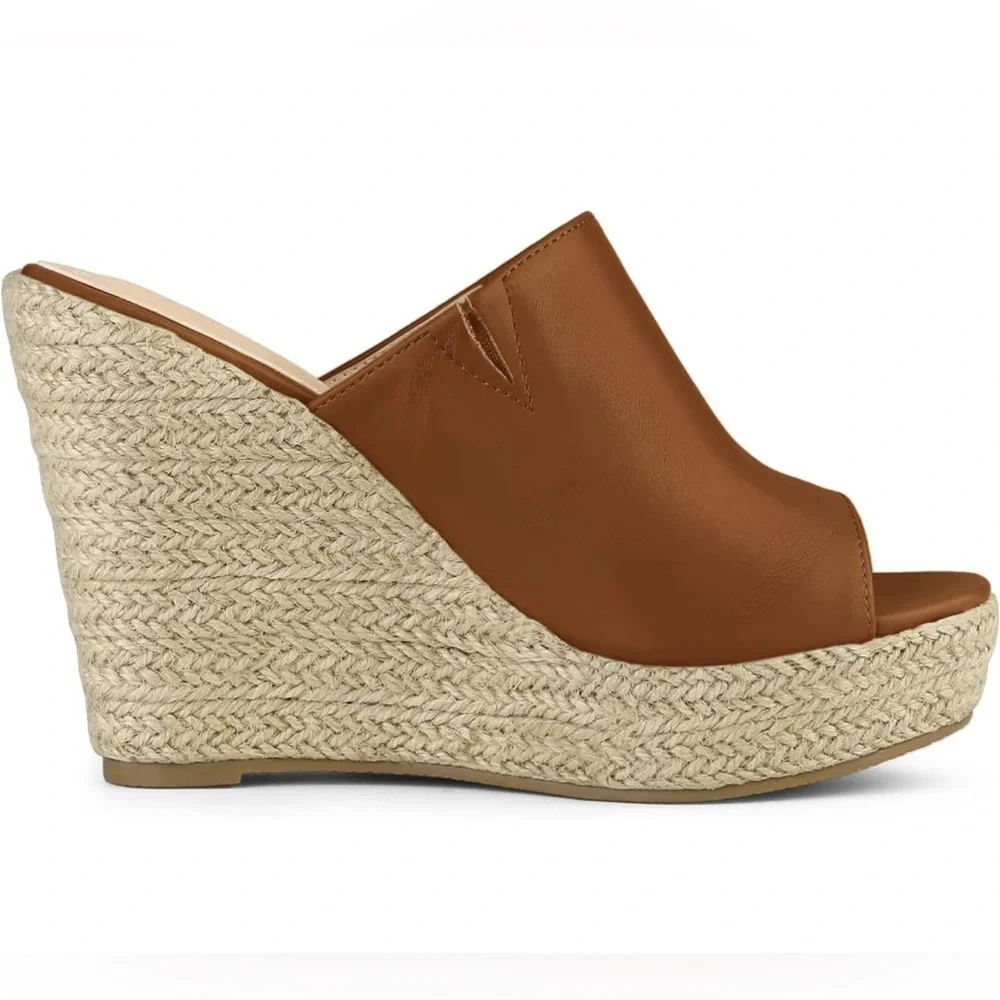 Allegra K Brown Espadrille Platform Wedge Mule Sandals – Size 9